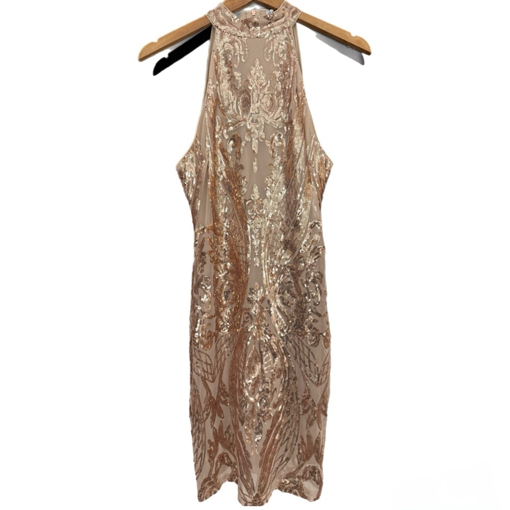 Astr Beaded Halter Sheath Dress in Champagne
